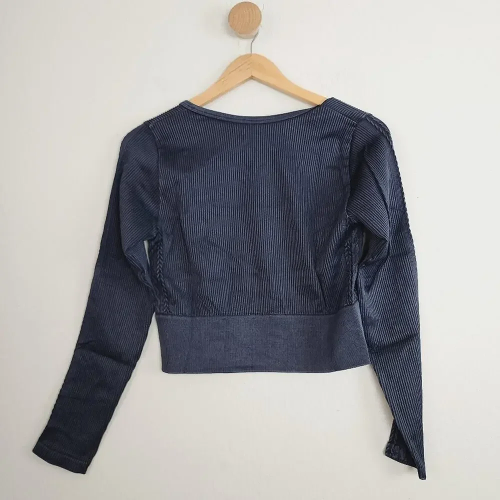 Aerie OFFLINE Sidewalk Seamless Ribbed Long Sleeve Crop Top Black XL NWT Stretch - Picture 7 of 7